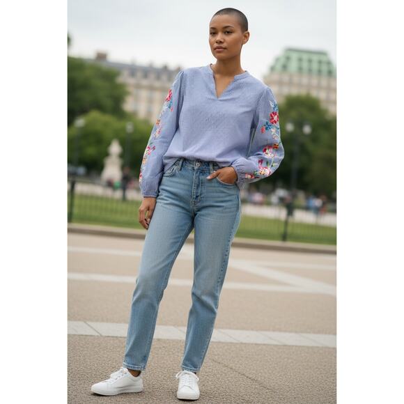 talbots striped embroidered sleeve blouse size S - Picture 1 of 6